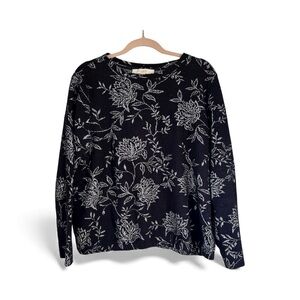 LOFT Navy and White Floral Textured Bubble Hem Top Size Large